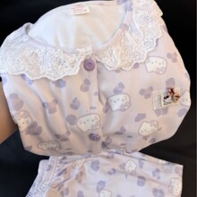 韩版紫色豹纹Kitty猫睡衣女春秋季蕾丝花边双长两件套休闲家居服