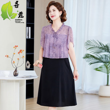 中年婆婆装大码女装上下拼接款女装40-60岁碎花妈妈装连衣裙子夏