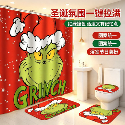 Juego de Cuatro Piezas de Cortina de Baño Impermeable Grinch, Juego de Baño de Poliéster Impermeable y Resistente al Moho, Hermosa Cortina de Ducha y Alfombra de Baño