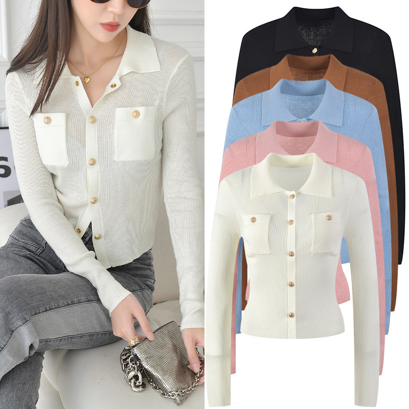 2022 Autumn and Winter New Slim-fit Slim Lapel Base Top Polo Collar Metal Buckle Knitted Sweater Women's Clothing