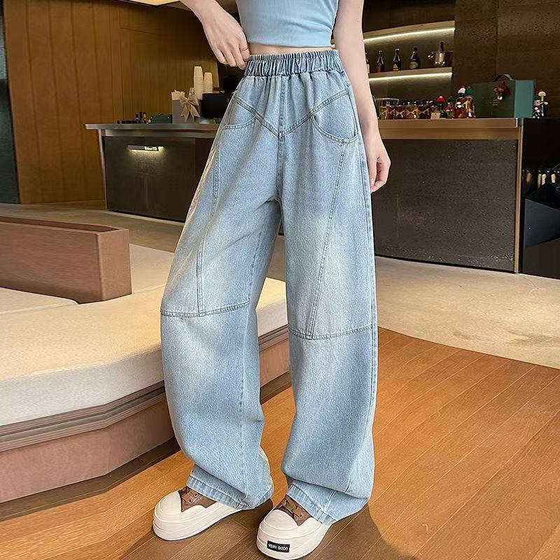 Spring and Autumn 2026 New Style Elastic Waist Jeans for Women, Plus Size, Loose Fit, Tummy-Concealing, Wide-Leg Pants