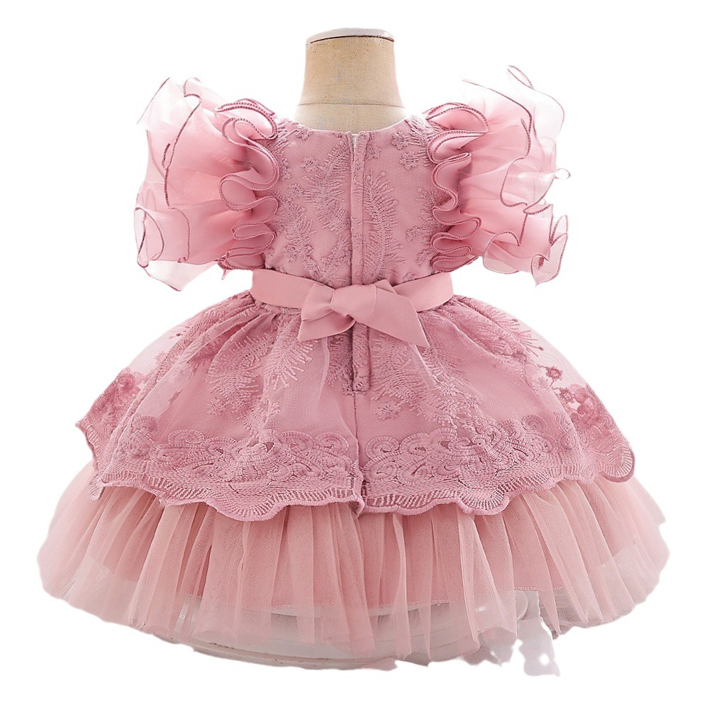Vestido de niños nuevos europeos y americanos manga voladora color sólido niña pettiskirt vestido de un año vestido de princesa de cumpleaños de bebé