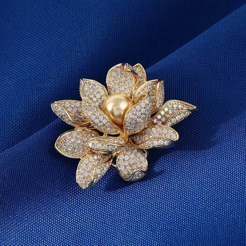 High end luxury full diamond lotus brooch fashionable OL texture pearl clothing accessories anti exposure corsage pin_voghion.com