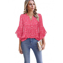 2025欧美荷叶七分袖上衣纯色时尚休闲宽松V领商务衬衫雪纺