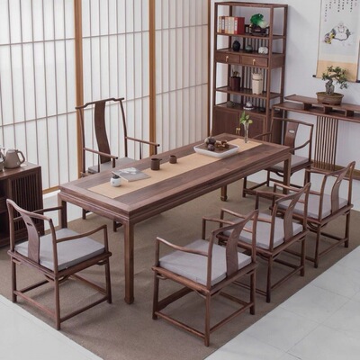 Log furniture New Chinese style Tea tables and chairs combination solid wood Tea tables and chairs Kungfu Online tea table Tea Service Buddhist mood Horse&#39;s hoof