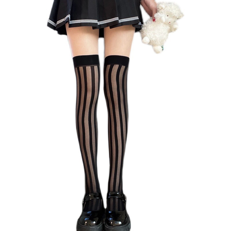 Sexy vertical striped long thigh socks transparent sexy stitch high stockings ladies black stockings