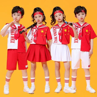 六一儿童演出服啦啦操服装中国红夏季运动会表演服短袖班服套装
