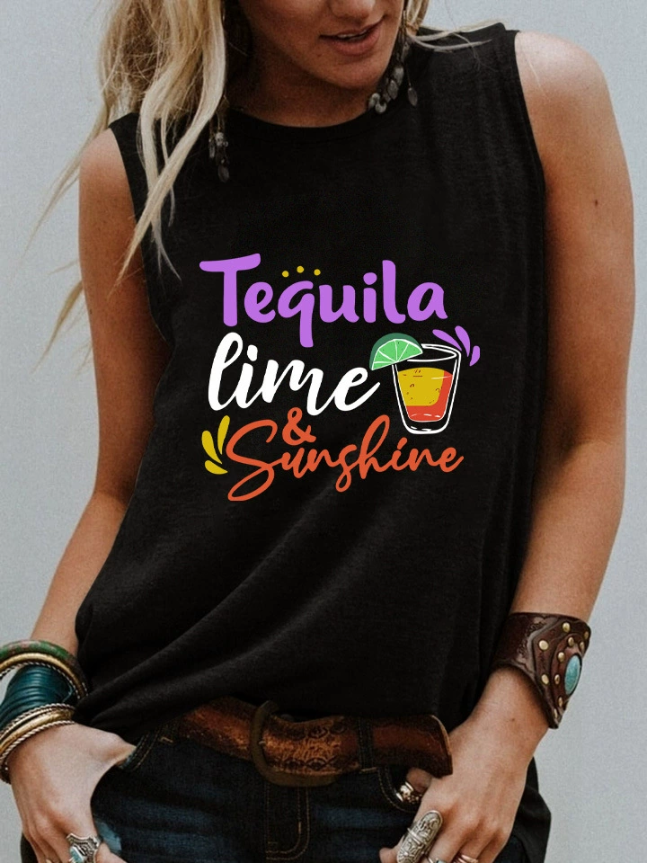 футболка без рукавов с принтом «Текила, лайм и солнце» и красочным буквенным принтом для женщин