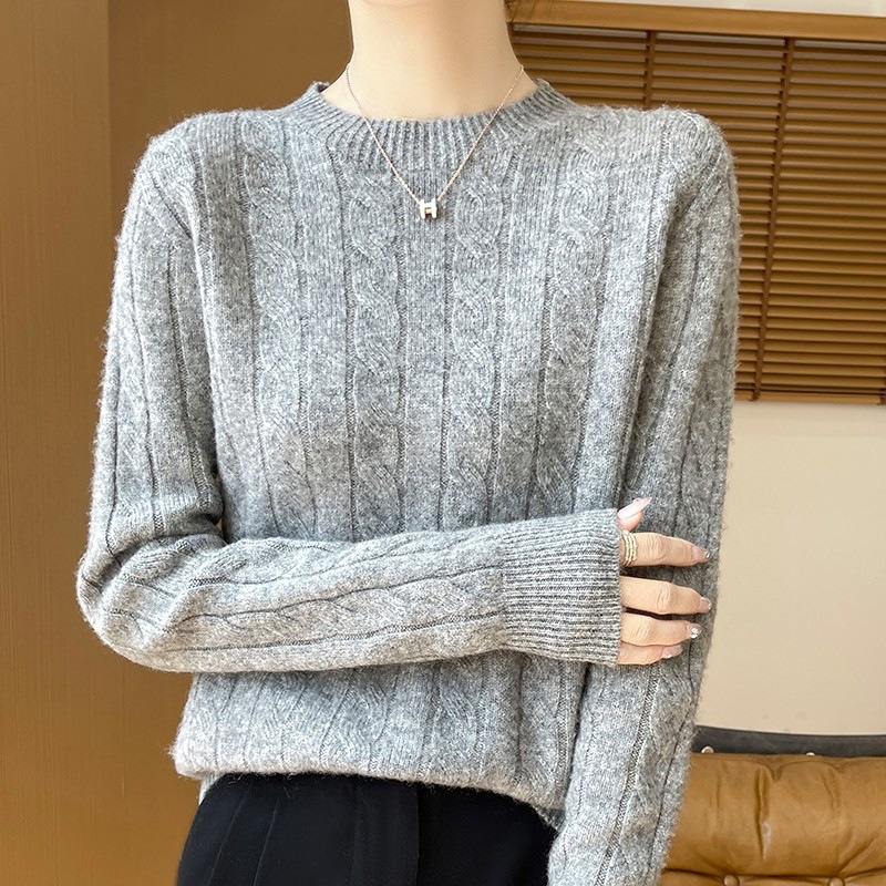 一线成衣麻花圆领针织上衣秋冬新款套头宽松显瘦打底毛衣女
