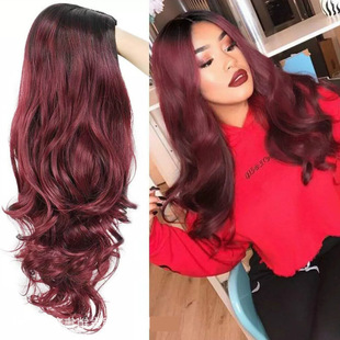 Dyed gradient wig European and American women's mid-length long curly hair fluffy big wave chemical fiber hair full head cover Golden wholesale