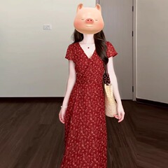 フレンチスタイルの赤いVネック花柄ドレス、女性用夏のハイエンド、超人気、シックでユニークなニッチロングドレス