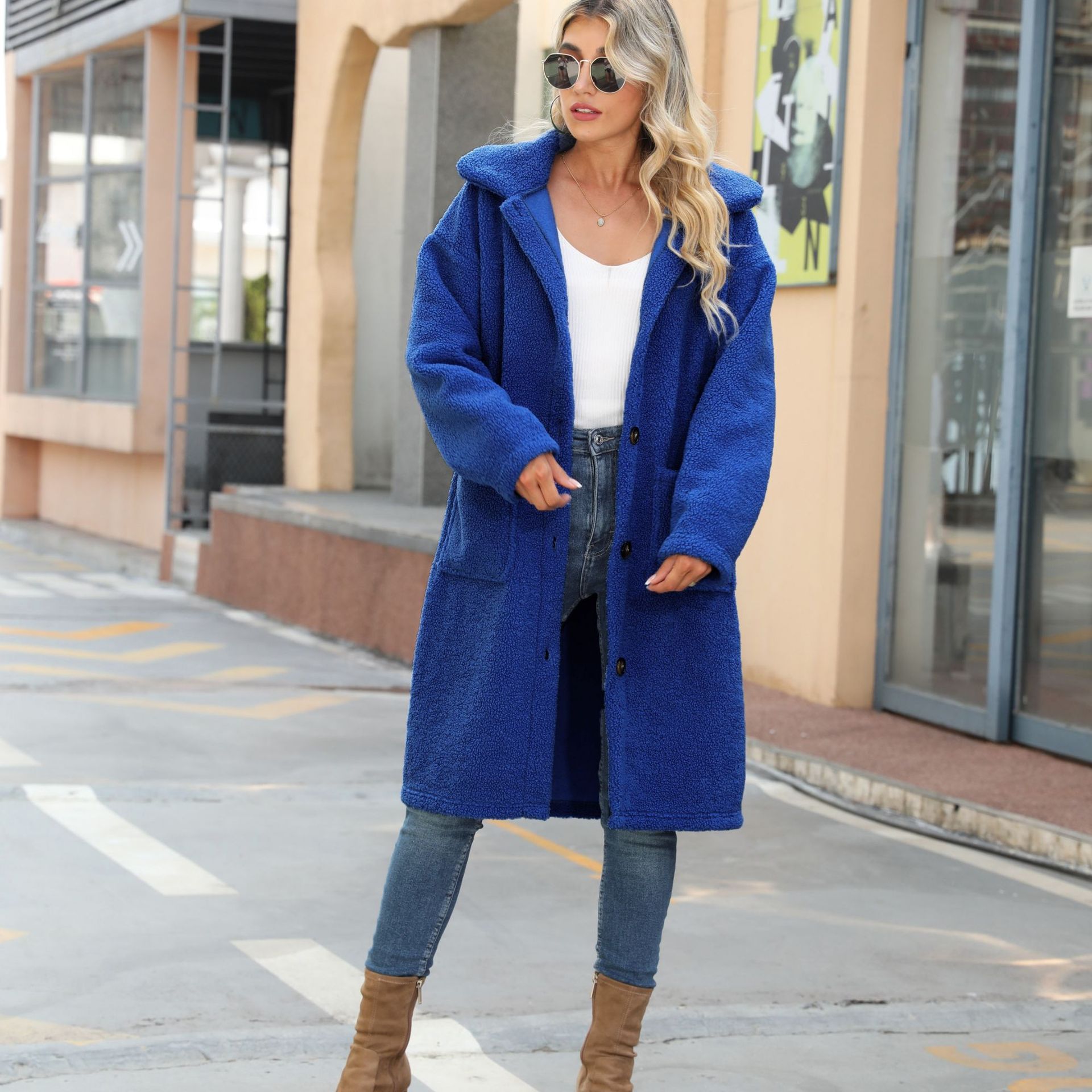 Damenbekleidung Herbst und Winter Damen Revers Langarm Tasche einfarbig einreihig langer Mantel doppelseitig Kaschmirmantel_voghion.com