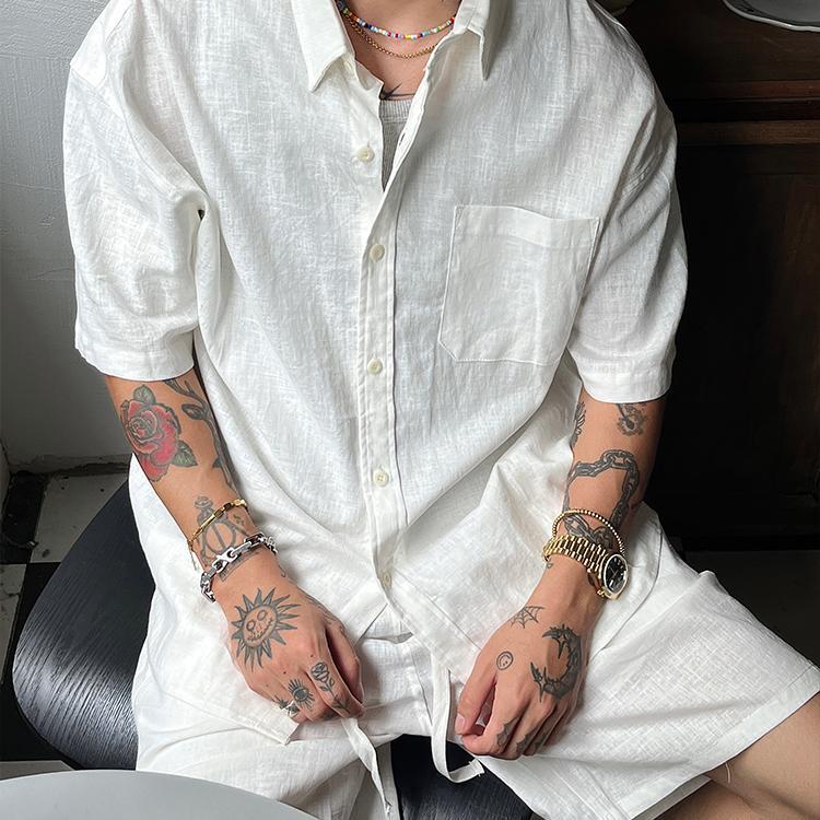 Oxfreak "Summer Thin Linen Fabric" Retro Old Money Style Short Sleeve Shirt for Men, Loose and High-End Feel