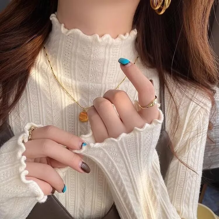 白色毛衣女内搭2025早秋新款半高领木耳边针织衫宽松长袖套头上衣|undefined