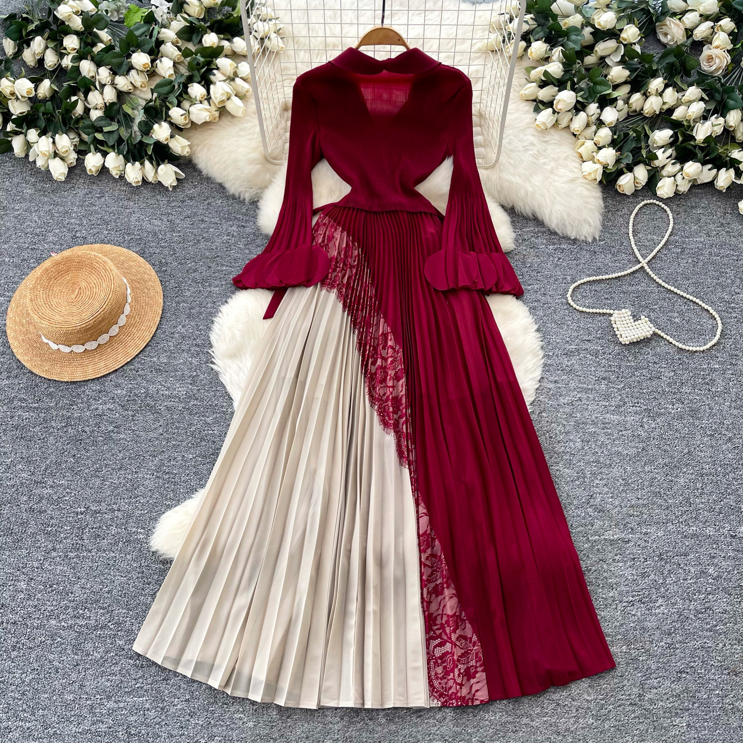Elegant V-Neck Floral Print Maxi Dress Wrap Style Flared Sleeves Ruffle Hem Office-Ready One-Size Fits US 4-12 Four Colors_ecoleips.com