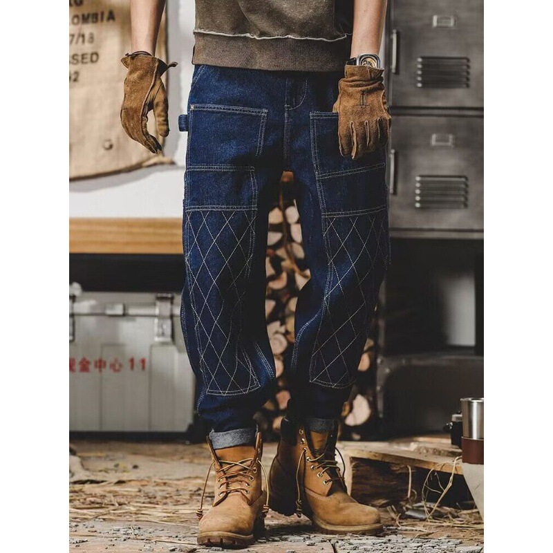 American retro workwear jeans men's autumn fashion brand loose bright line double knee logging straight pants men