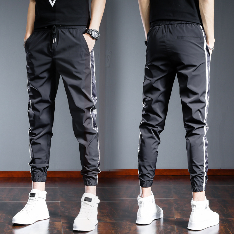 Sports Pants Men's Slim-fit Small Feet 2023 Summer Printed Ice Silk Thin Black Silky Casual Pants Men's