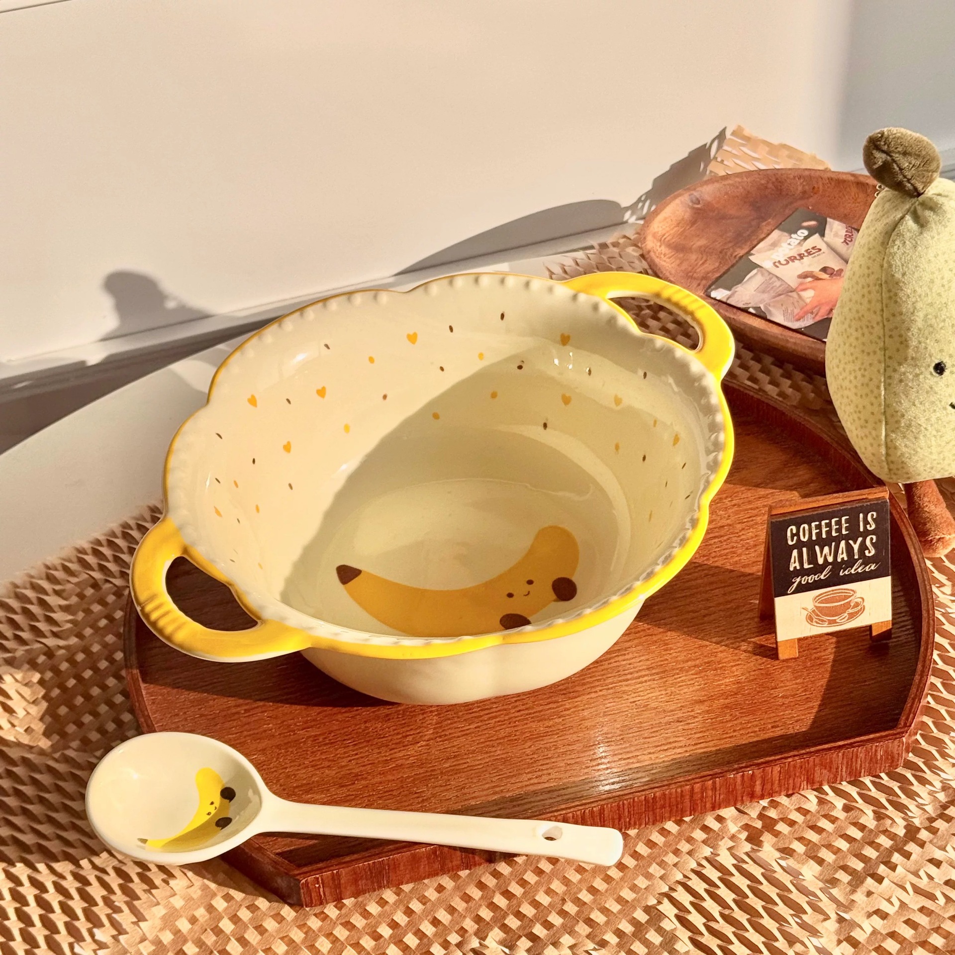[Banana 2-piece set] 8.5-inch double-ear soup bowl + spoon