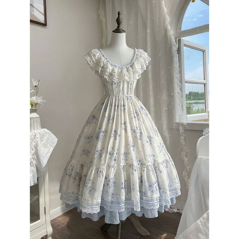 Gentle Wind Style: French Elegant Retro Court Style Lace Trim Multi-Layer Princess Dress with Waist-Cinching Long Skirt