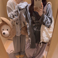 Yukiss 深灰色毛绒感KT长袖T恤女秋韩系慵懒风宽松显瘦时髦打底衫