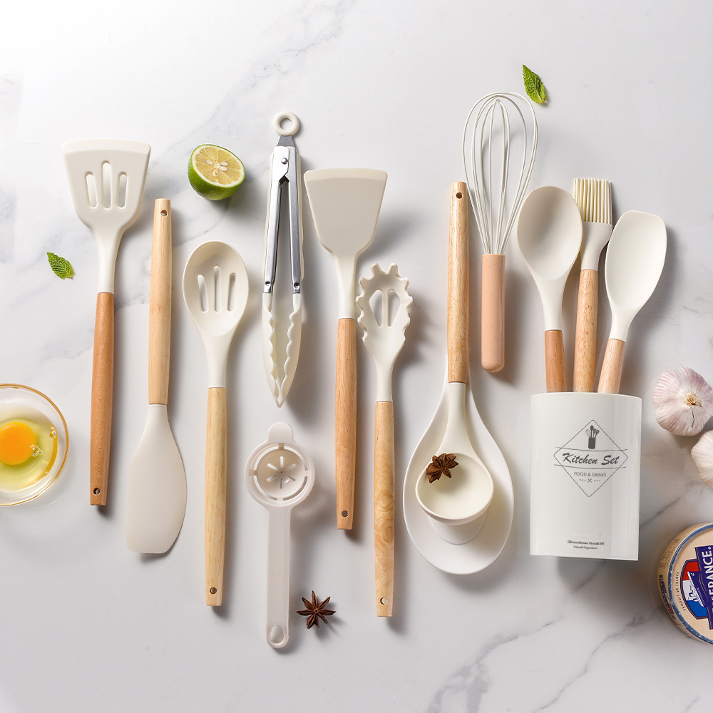 Light version of 14-piece round barrel silicone kitchen utensils set with wooden handles, silicone kitchen utensils, spatulas, non-stick pans, kitchen tools