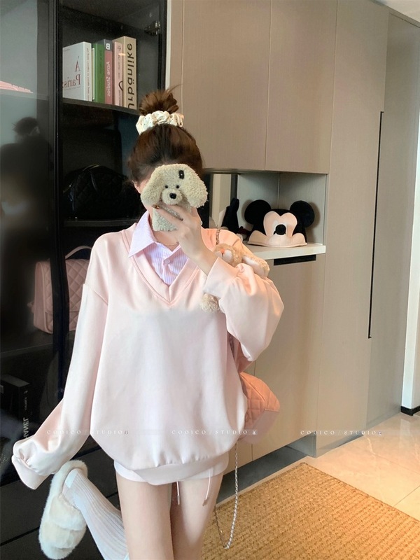 甜美学院风条纹拼接翻领假两件卫衣半身裙女2025秋季新款时尚套装|undefined