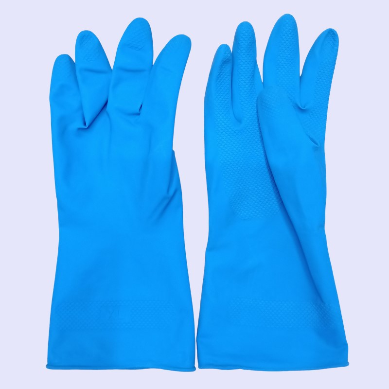 厂家直销60克蓝色喷绒乳胶手套 橡胶手套耐油塑胶皮洗碗清洁手套