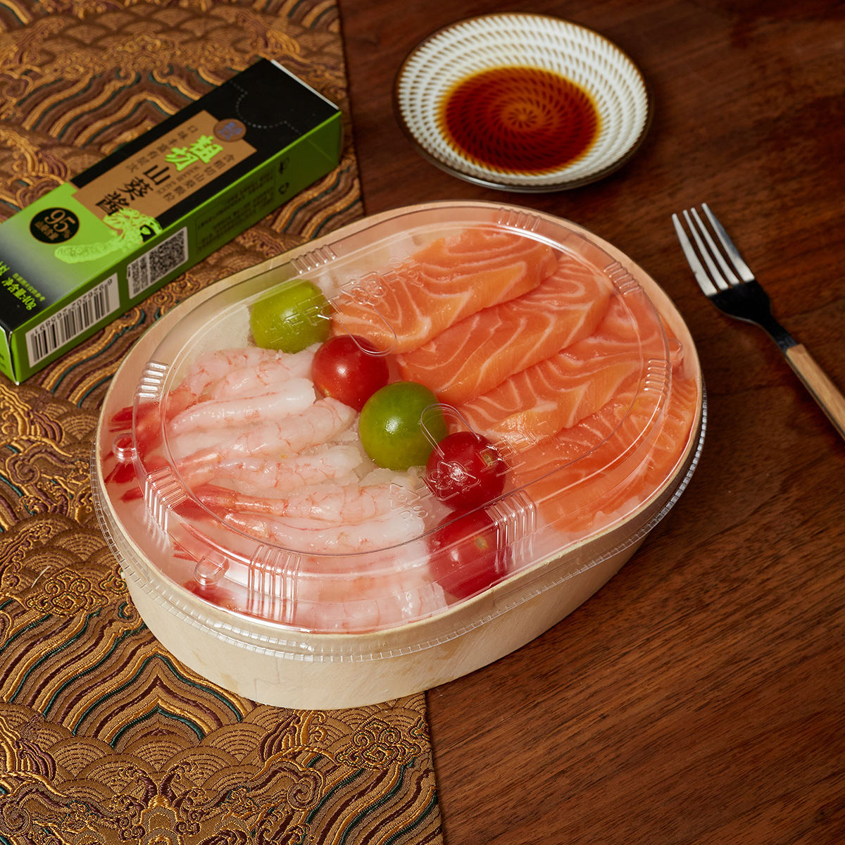Caja de embalaje de sushi de madera de salmón, caja de camarón dulce, caja de embalaje secundaria, caja de embalaje fresca para llevar