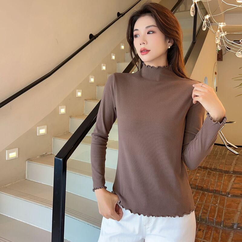 Lace Semi-high Collar Long Sleeve Base Shirt Moose Warm Velvet Stretch plus size T-Shirt Sweet Fashion Women's Top