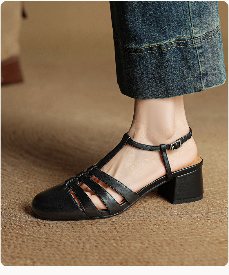 Sandal nữ da bò dệt rỗng mũi hở gót thô cao phong cách La Mã — màu nâu chi tiết 16