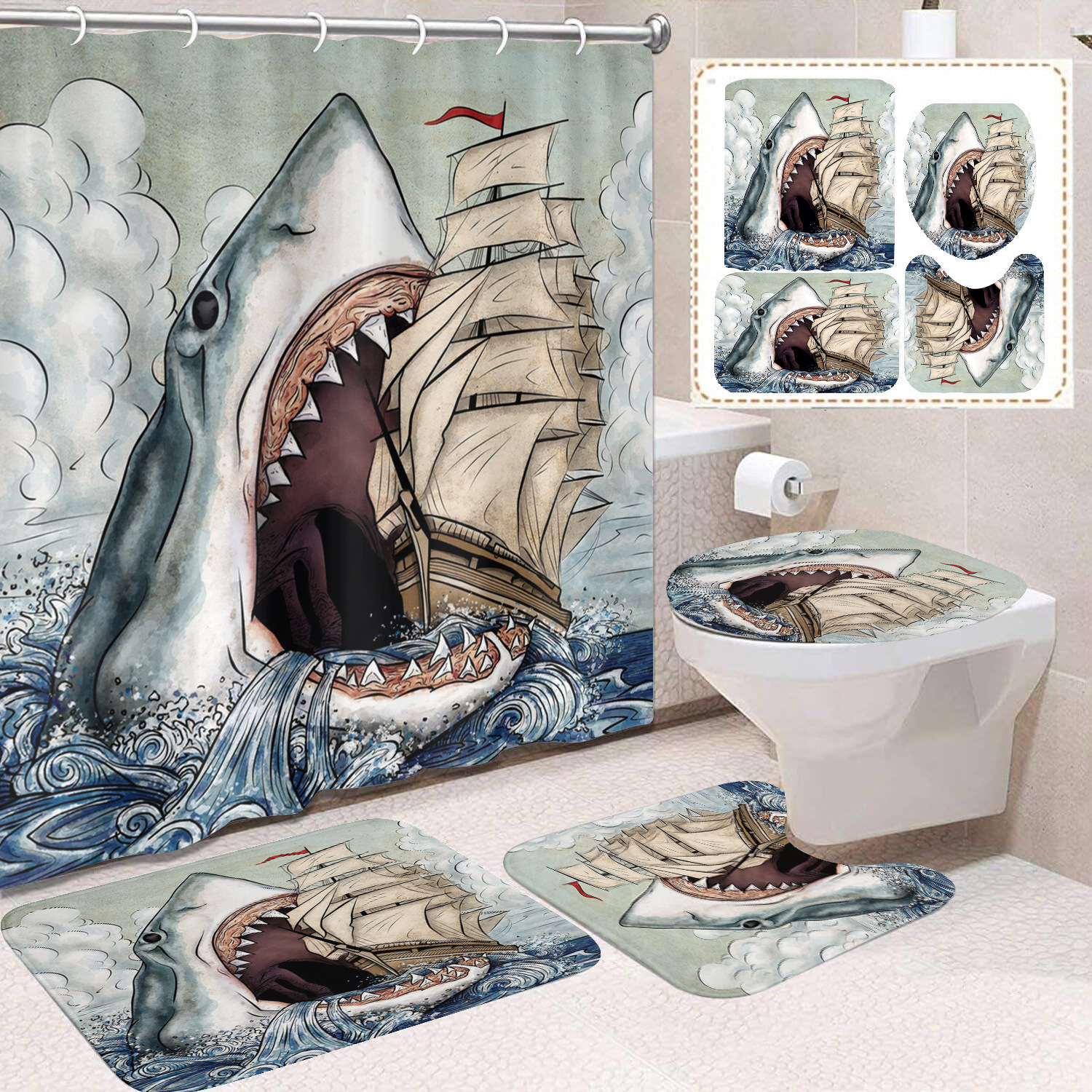 Cortina de ducha transfronteriza con diseño de delfines azules, estampada digitalmente, de poliéster, sin perforaciones, para baño, decoración del hogar image 21