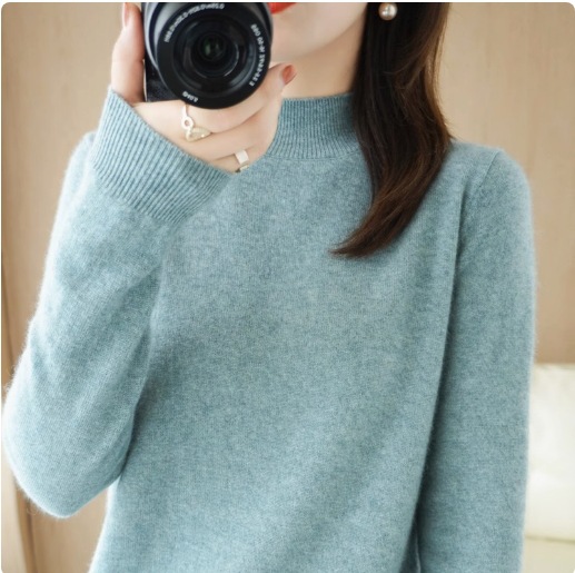 Suéter de punto nuevo para otoño e invierno para mujer, cuello medio alto, estilo corto, suéter básico grueso, jersey, prendas de punto holgadas de imitación de lana