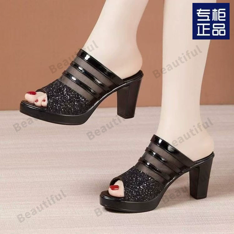 Женские босоножки на высоком толстом каблуке, лето 2025, водонепроницаемая платформа на толстой подошве, модная верхняя одежда, тапочки с рыбьим ртом большого размера