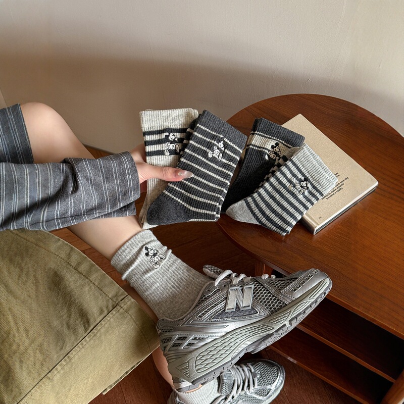 Mickey Mouse Socks for Women Korean Style Mid-Tube Gray Cartoon Cute Ins Trendy Japanese Striped Sports Long Socks