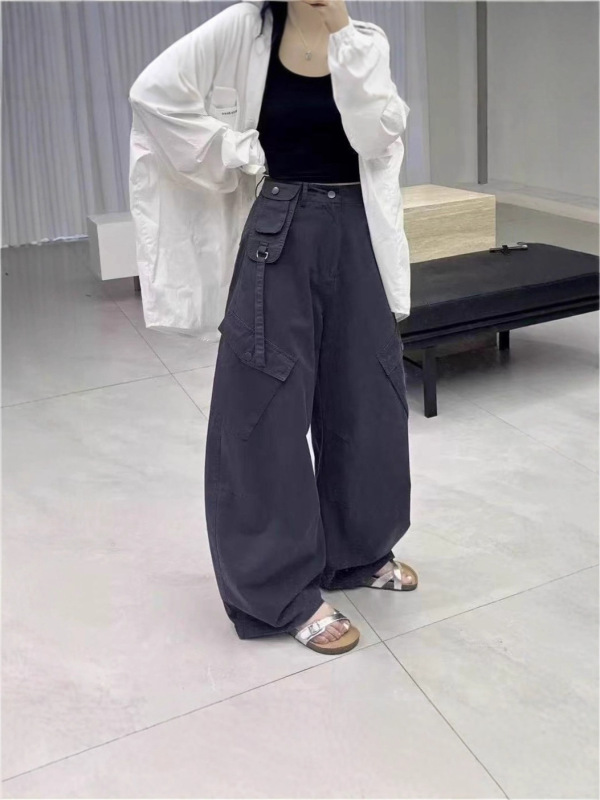 美式复古工装休闲裤女2025早秋新款韩系高腰宽松显瘦直筒弯刀裤子|undefined
