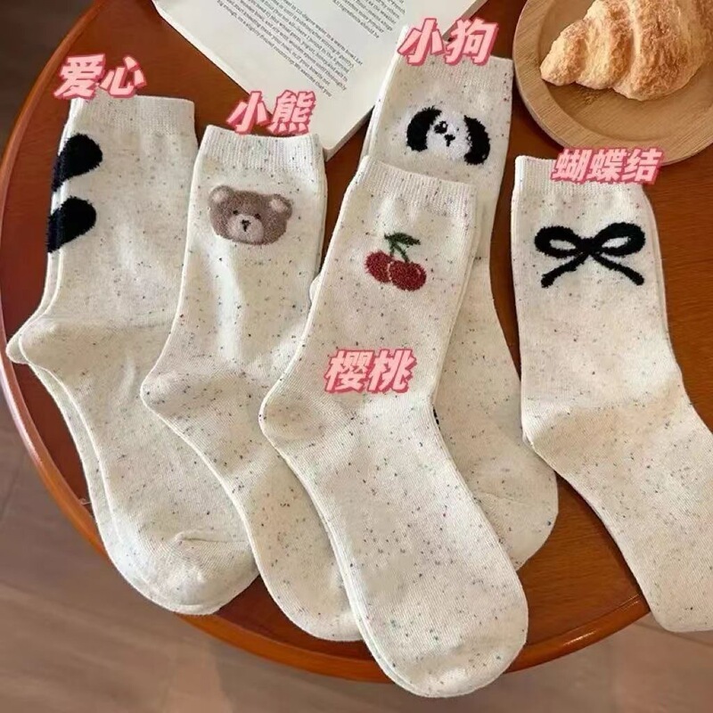 25 New Cartoon Cherry Bear Socks for Women, Mid-Calf Socks, Ins Style, Spring and Autumn Korean Version, Japanese Cute Puppy Mid-Calf Socks
