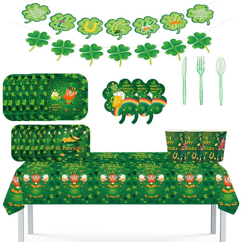 Hot sale in stock St Patrick Irish theme tableware suit Clover square plate four-leaf clover shaped tissue