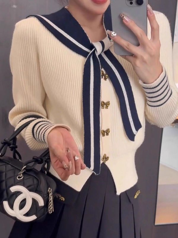 法式高级感蝴蝶扣海军领掐腰毛衣女秋冬2025年设计感小众针织开衫|undefined