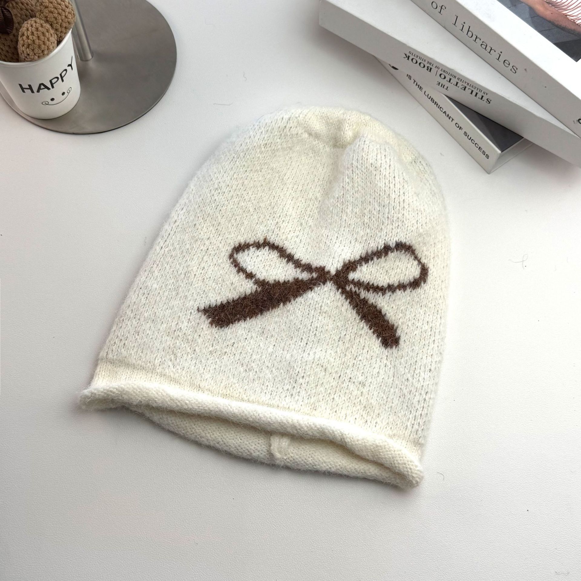 Herbst-Winter-Mütze mit Schleife im koreanischen Stil, schlicht, figurschmeichelnd, aus Wolle gestrickt, für Damen mit großem Kopfumfang, ideal für Outdoor-Aktivitäten_voghion.com