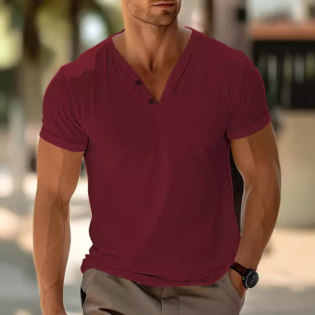 Nuevo TEMU transfronterizo hombre europeo y americano color sólido cuello V transpirable sudor deportivo casual ligero camiseta de manga corta regular