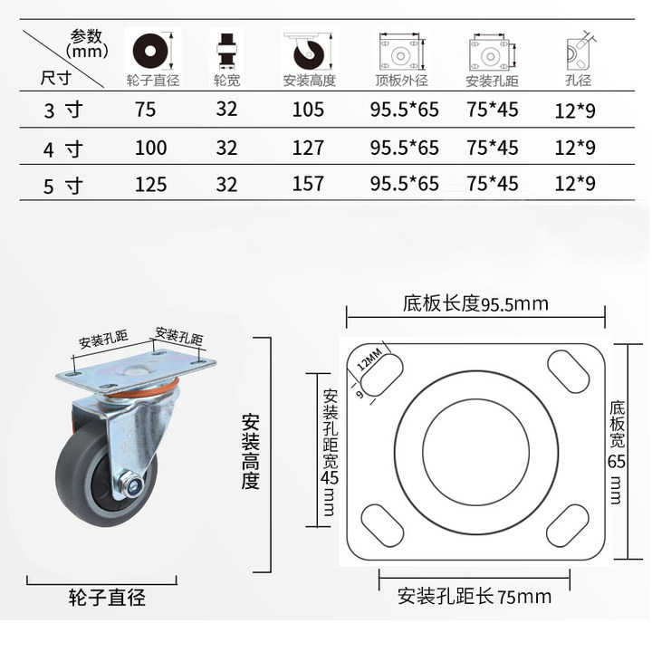 重型杨5寸手推车单轴承防缠绕3寸4寸万向轮带刹车tpr平板车脚轮子|undefined