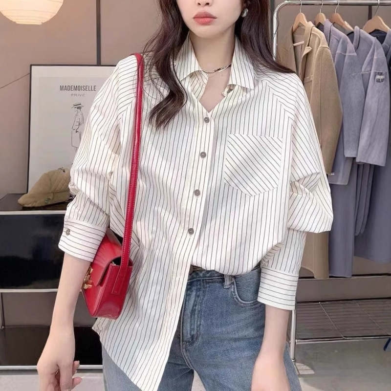 French striped shirt spring chic top women's summer new sunscreen thin niche foreign style long sleeve shirt French striped shirt spring chic top women's summer new sunscreen thin niche foreign style long sleeve shirt