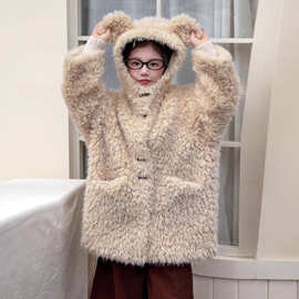 女童小香风复合一体毛毛衣外套冬款2025女孩熊耳朵羊羔毛连帽大衣