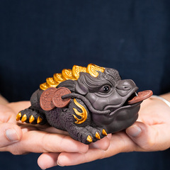 紫砂金蟾茶寵新款紫砂金蟬步步高升茶玩茶盤擺件招財三足蟾蜍禮品