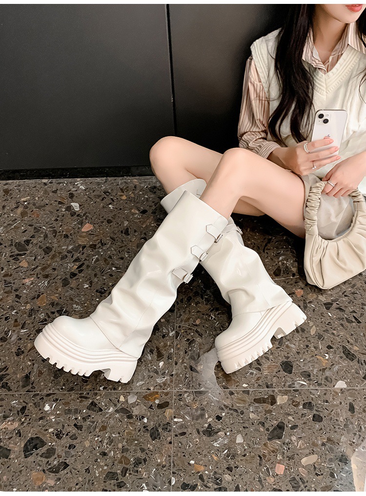 Boot nữ cổ cao ôm bắp chân da thật đế dày tăng chiều cao 15cm gót chunky — Lớp lót đơn màu trắng nhạt 12cm, Lớp lót đơn màu nâu 15cm, Màu đen đơn 12cm, Lớp lót nhung màu nâu 12cm chi tiết 16