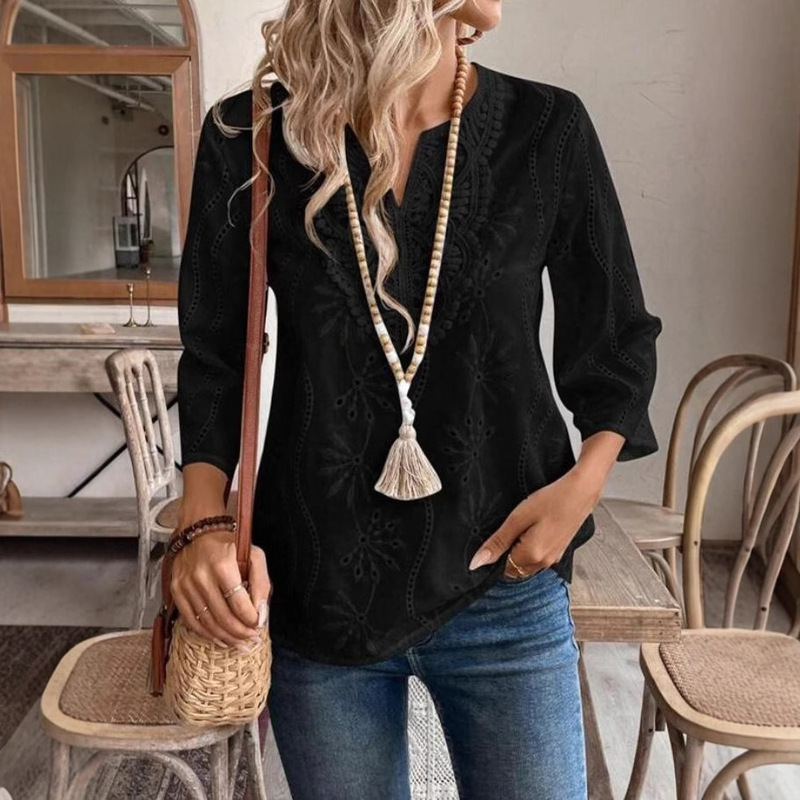European and American Amazon Cross-Border Spring and Summer New Women's Tops Loose V Neck Lace Embroidered Cut Out Shirts