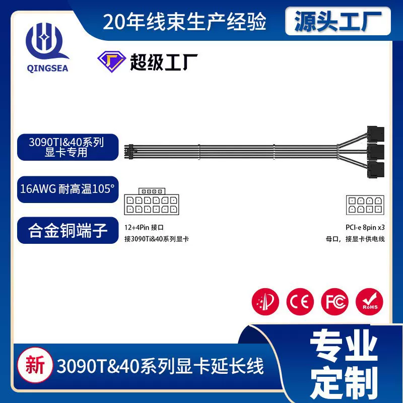 3090Ti&40系列PCIE5.0 12+4P转Pci-e8P*3尼龙编织网线