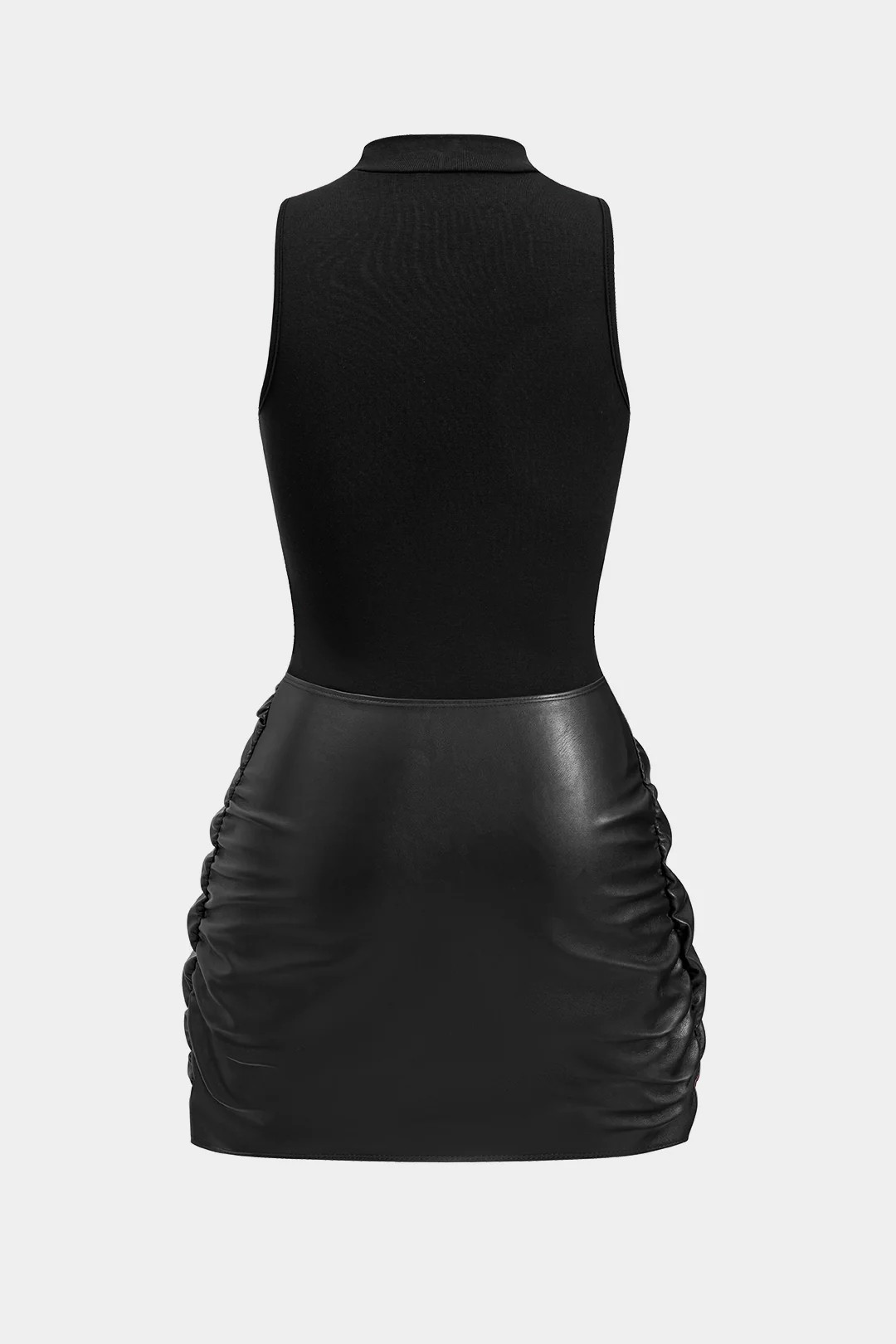 Women's Solid Color Sleeveless Mini Dress Front Tie PU Decoration Faux Two Piece_ecoleips.com