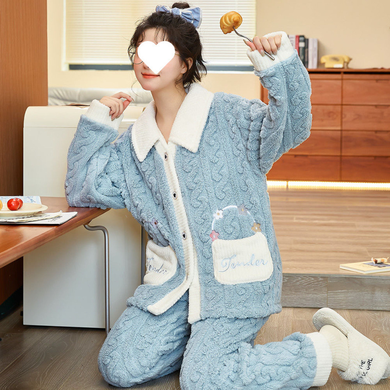 따뜻한 토끼 겨울 잠옷 여성의 새로운 두꺼운 기모 산호 양털 옷깃 홈 옷 플란넬 플러스 사이즈 느슨한 버전