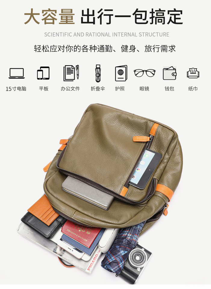 Ba lô da thật Marante đa chức năng thời trang, ba lô laptop công sở nam da bò đi công tác — Màu đen, Xanh ô liu chi tiết 18